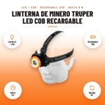 Linterna de Minero Truper LED COB Recargable: imagen promocional con led 80 lm + cob, recargable usb, hasta 8 h, inclina 90°
