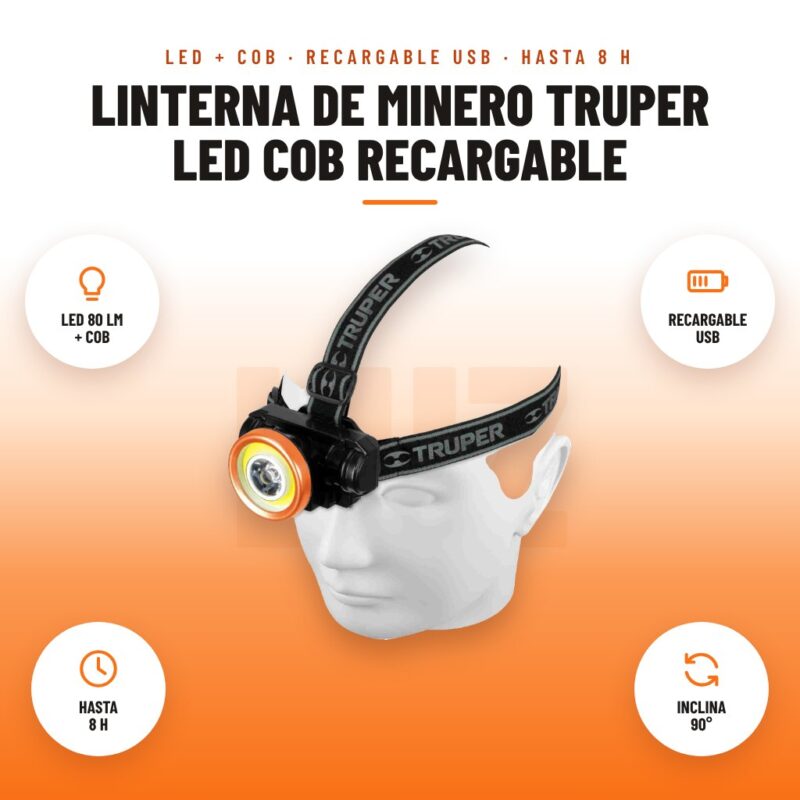 Linterna de Minero Truper LED COB Recargable: imagen promocional con led 80 lm + cob, recargable usb, hasta 8 h, inclina 90°