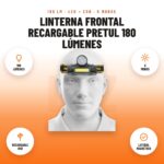 Linterna Frontal Recargable Pretul 180 Lúmenes: imagen promocional con 180 lúmenes, 5 modos, recargable usb, lateral magnético