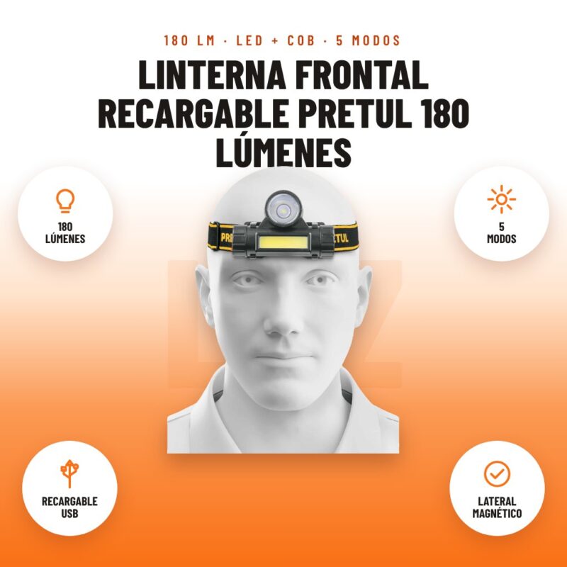Linterna Frontal Recargable Pretul 180 Lúmenes: imagen promocional con 180 lúmenes, 5 modos, recargable usb, lateral magnético