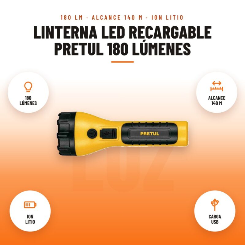 Linterna LED Recargable Pretul 180 Lúmenes: imagen promocional con 180 lúmenes, alcance 140 m, ion litio, carga usb