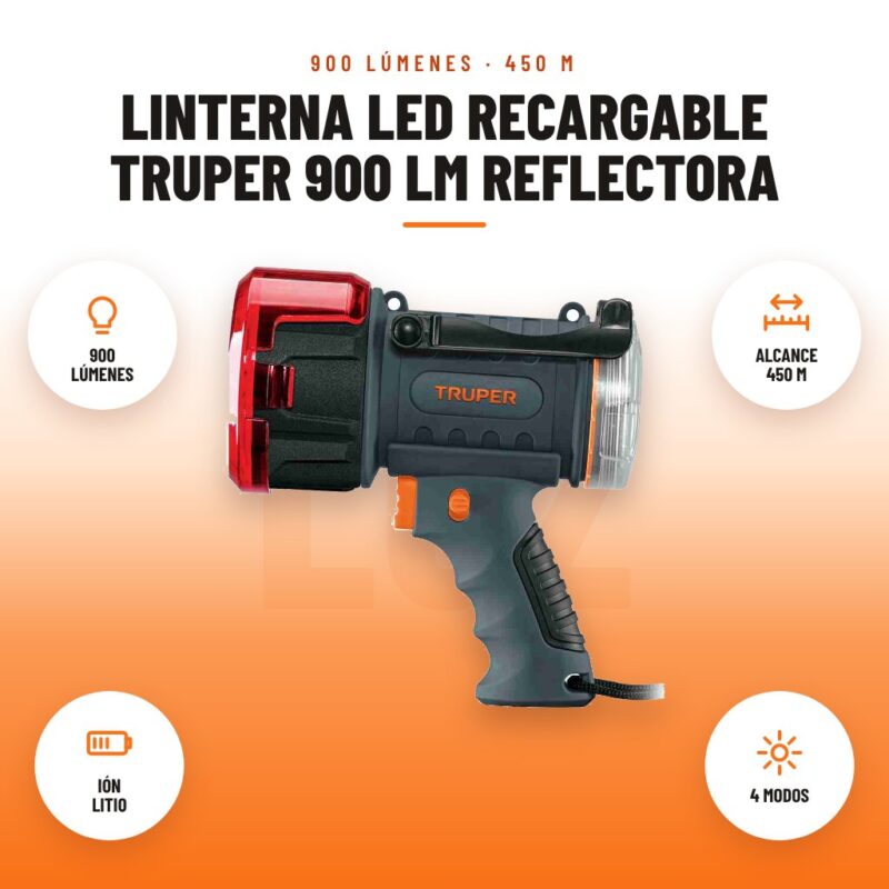 Linterna LED Recargable Truper 900 lm Reflectora: imagen promocional con 900 lúmenes, alcance 450 m, ión litio, 4 modos