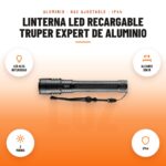 Linterna LED Recargable Truper Expert de Aluminio: imagen promocional con led alta intensidad, alcance 300 m, 3 modos, ip44