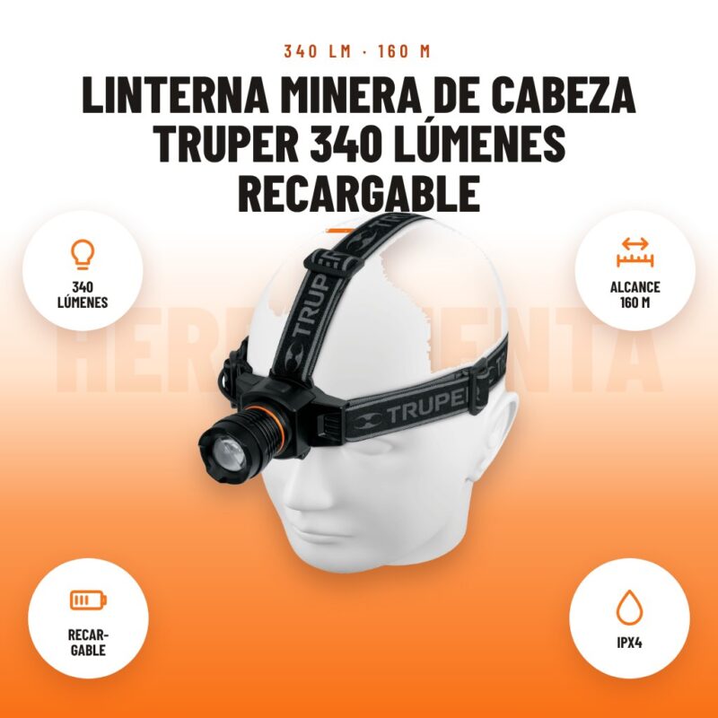 Linterna Minera de Cabeza Truper 340 Lúmenes Recargable: imagen promocional con 340 lúmenes, alcance 160 m, recar- gable, ipx4