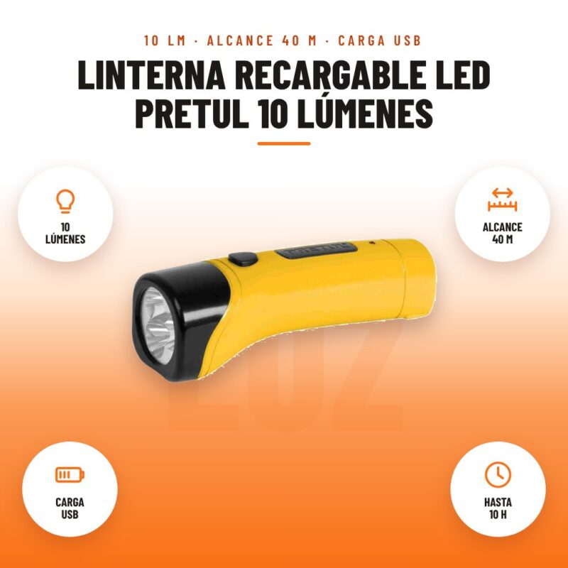 Linterna Recargable LED Pretul 10 Lúmenes: imagen promocional con 10 lúmenes, alcance 40 m, carga usb, hasta 10 h