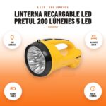Linterna Recargable LED Pretul 200 Lúmenes 5 LED: imagen promocional con 200 lúmenes, alcance 200 m, recar- gable, hasta 11 horas