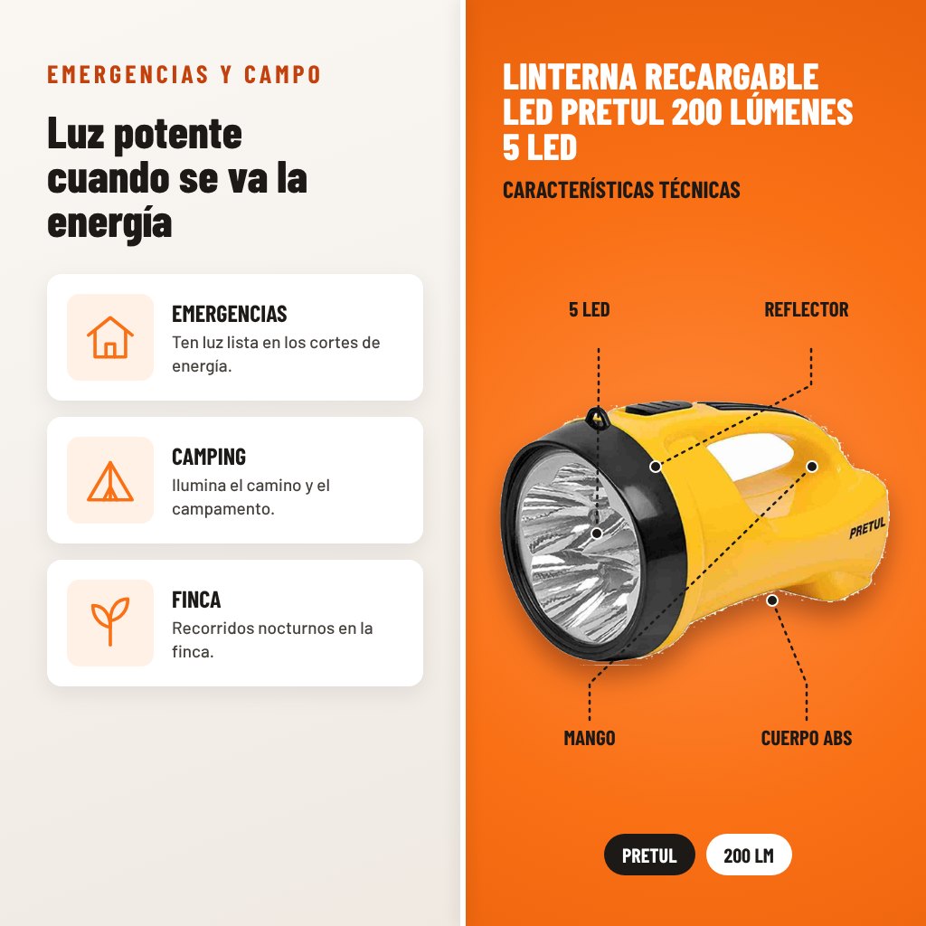 Linterna Recargable LED Pretul 200 Lúmenes 5 LED: usos y características técnicas señaladas