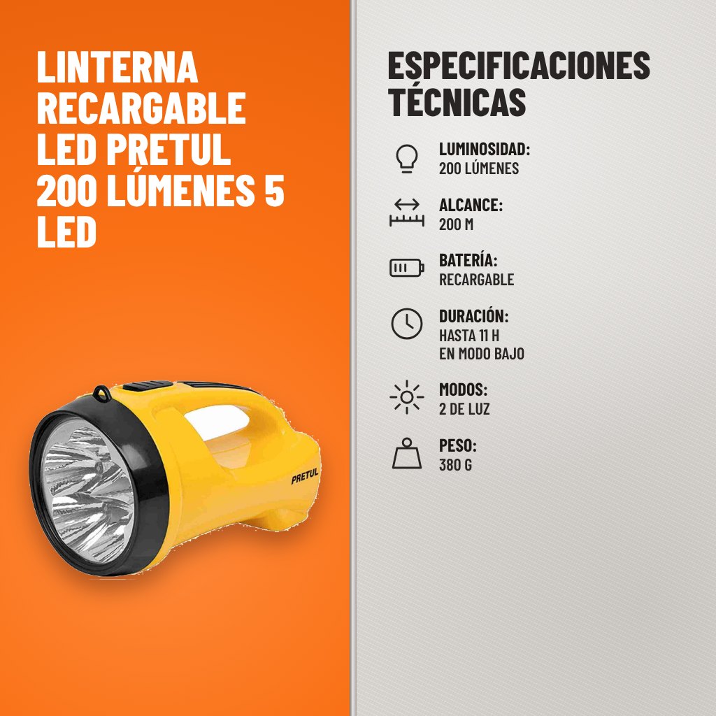 Especificaciones técnicas de Linterna Recargable LED Pretul 200 Lúmenes 5 LED