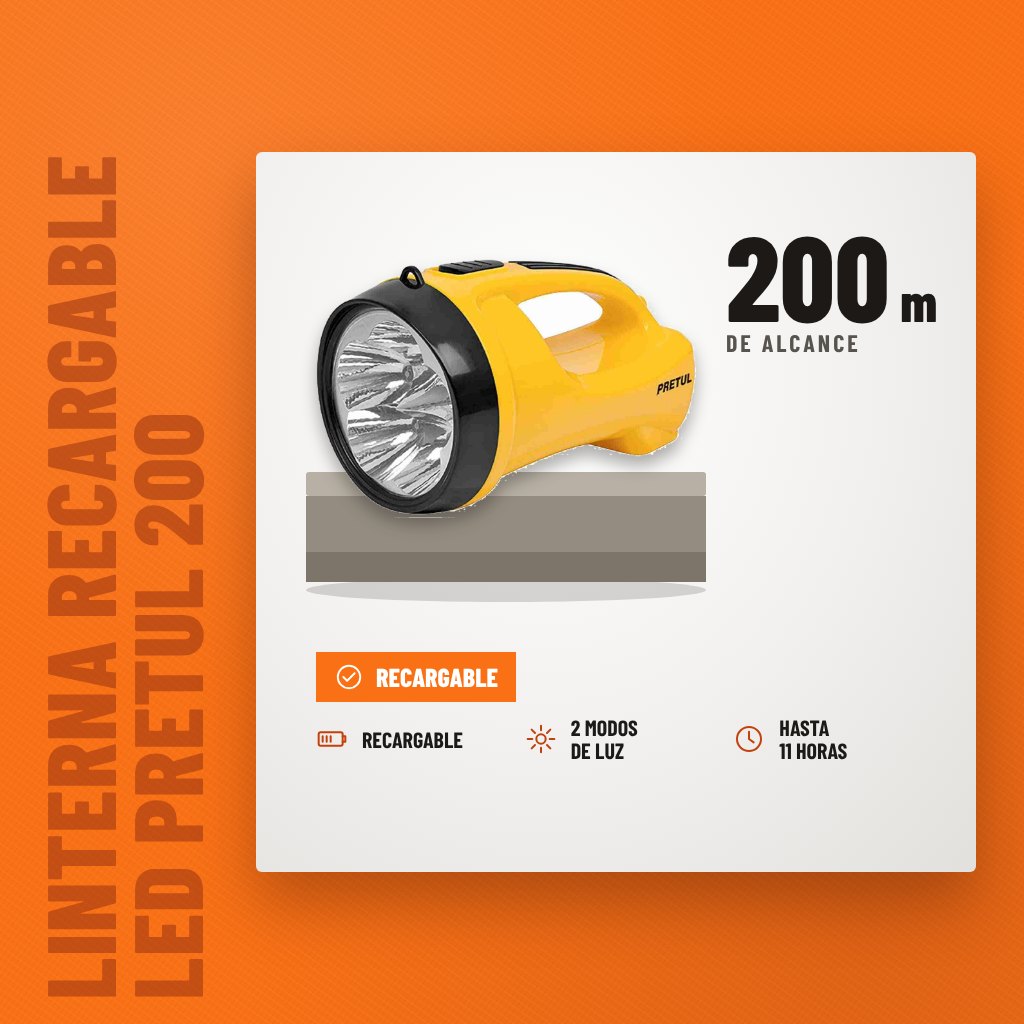 Linterna Recargable LED Pretul 200 Lúmenes 5 LED sobre soporte con sus beneficios principales