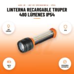 Linterna Recargable Truper 480 Lúmenes IP54: imagen promocional con 480 lúmenes, ip54, hasta 10 h, emergencia automática