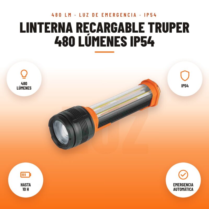 Linterna Recargable Truper 480 Lúmenes IP54: imagen promocional con 480 lúmenes, ip54, hasta 10 h, emergencia automática
