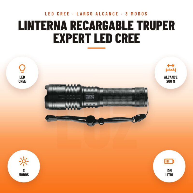 Linterna Recargable Truper Expert LED CREE: imagen promocional con led cree, alcance 200 m, 3 modos, ion litio