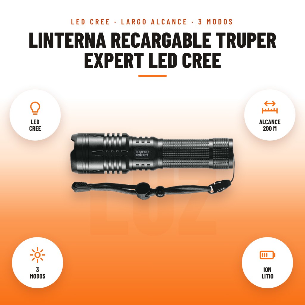 Linterna Recargable Truper Expert LED CREE: imagen promocional con led cree, alcance 200 m, 3 modos, ion litio