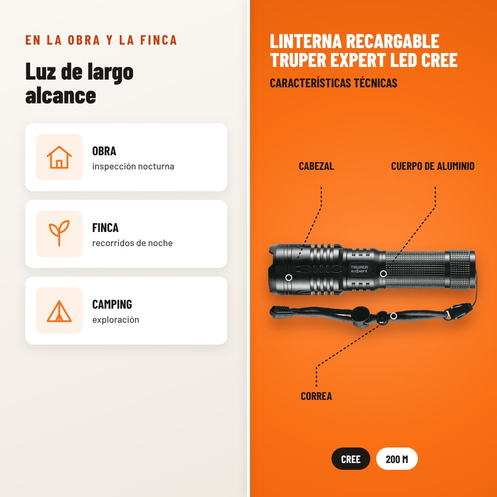 Linterna Recargable Truper Expert LED CREE: usos y características técnicas señaladas