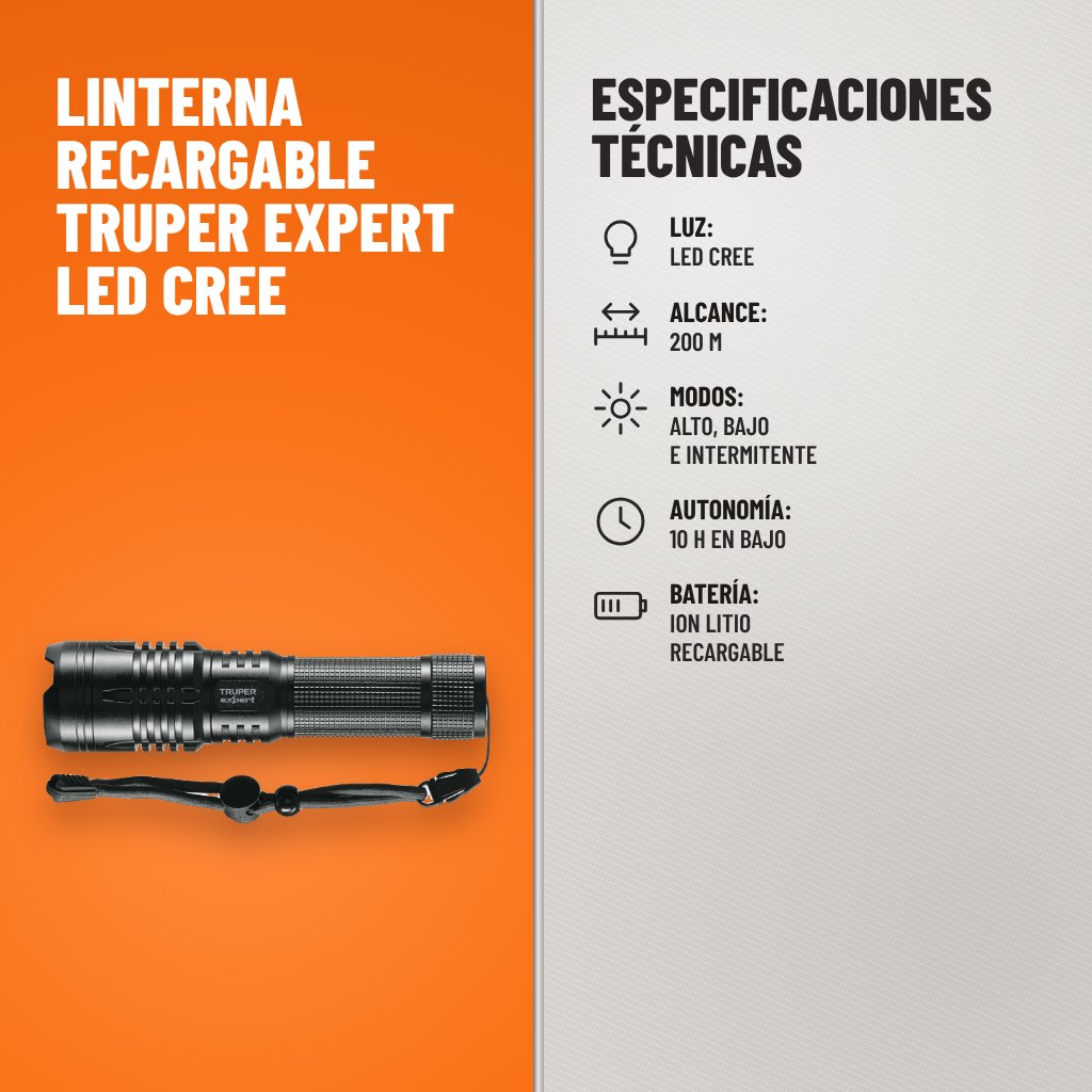 Especificaciones técnicas de Linterna Recargable Truper Expert LED CREE