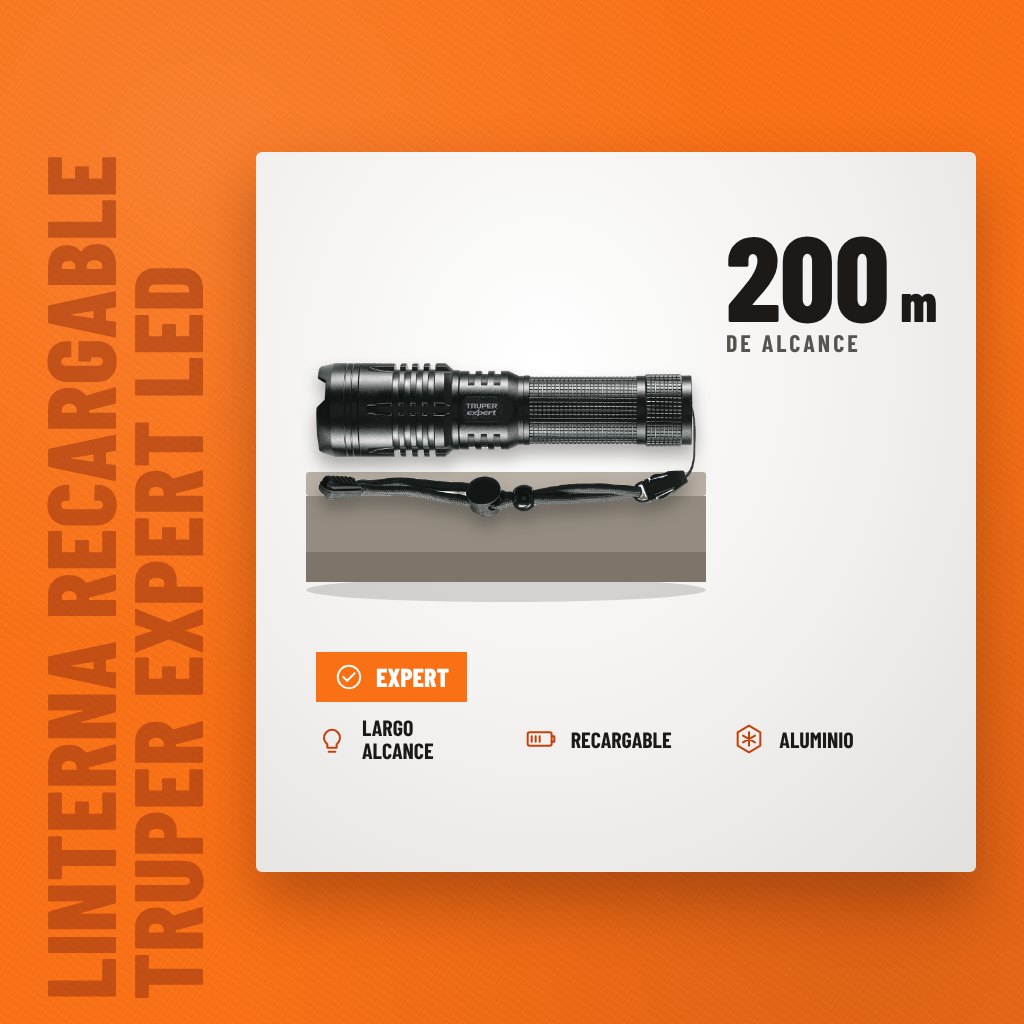 Linterna Recargable Truper Expert LED CREE sobre soporte con sus beneficios principales