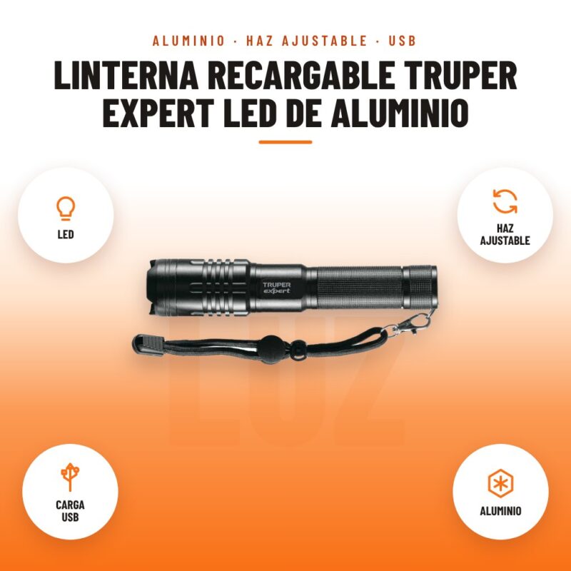 Linterna Recargable Truper Expert LED de Aluminio: imagen promocional con led, haz ajustable, carga usb, aluminio