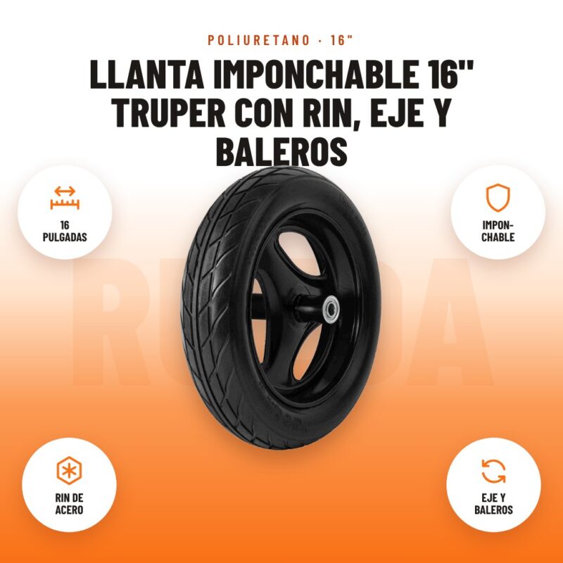 Llanta Imponchable 16" Truper con Rin, Eje y Baleros: imagen promocional con 16 pulgadas, impon- chable, rin de acero, eje y baleros