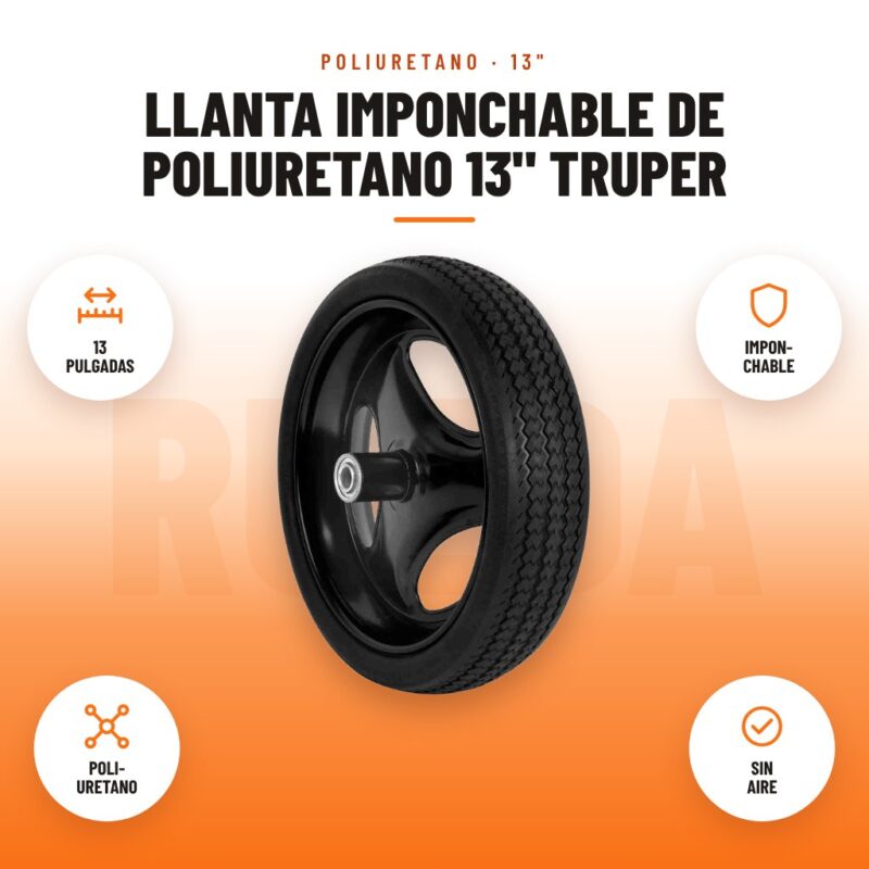 Llanta Imponchable de Poliuretano 13" Truper: imagen promocional con 13 pulgadas, impon- chable, poli- uretano, sin aire