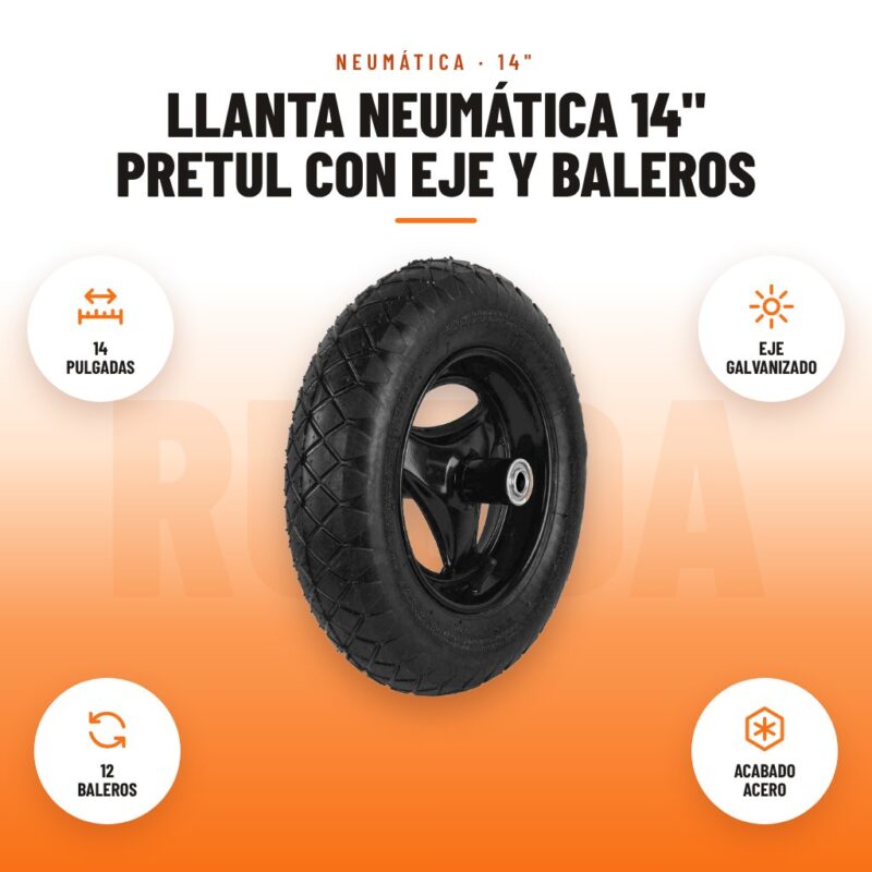 Llanta Neumática 14" Pretul con Eje y Baleros: imagen promocional con 14 pulgadas, eje galvanizado, 12 baleros, acabado acero