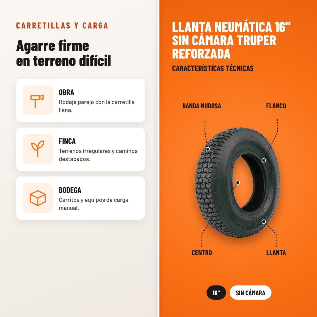 Llanta Neumática 16" sin Cámara Truper Reforzada: usos y características técnicas señaladas