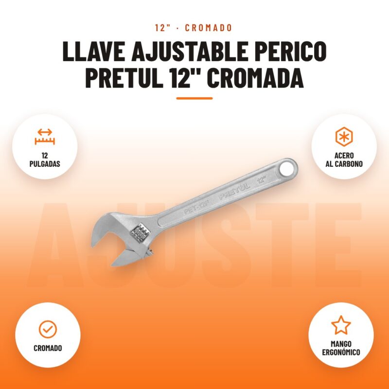 Llave Ajustable Perico Pretul 12" Cromada: imagen promocional con 12 pulgadas, acero al carbono, cromado, mango ergonómico