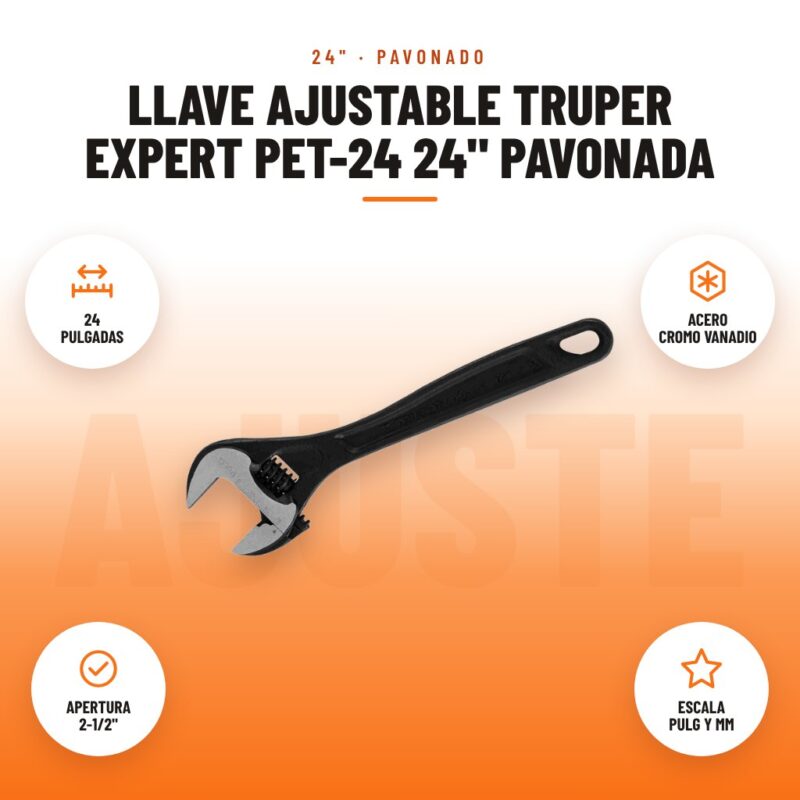Llave Ajustable Truper Expert PET-24 24" Pavonada: imagen promocional con 24 pulgadas, acero cromo vanadio, apertura 2-1/2", escala pulg y mm