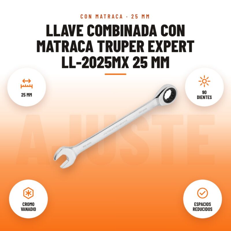 Llave Combinada con Matraca Truper Expert LL-2025MX 25 mm: imagen promocional con 25 mm, 90 dientes, cromo vanadio, espacios reducidos