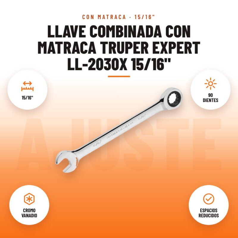 Llave Combinada con Matraca Truper Expert LL-2030X 15/16": imagen promocional con 15/16", 90 dientes, cromo vanadio, espacios reducidos