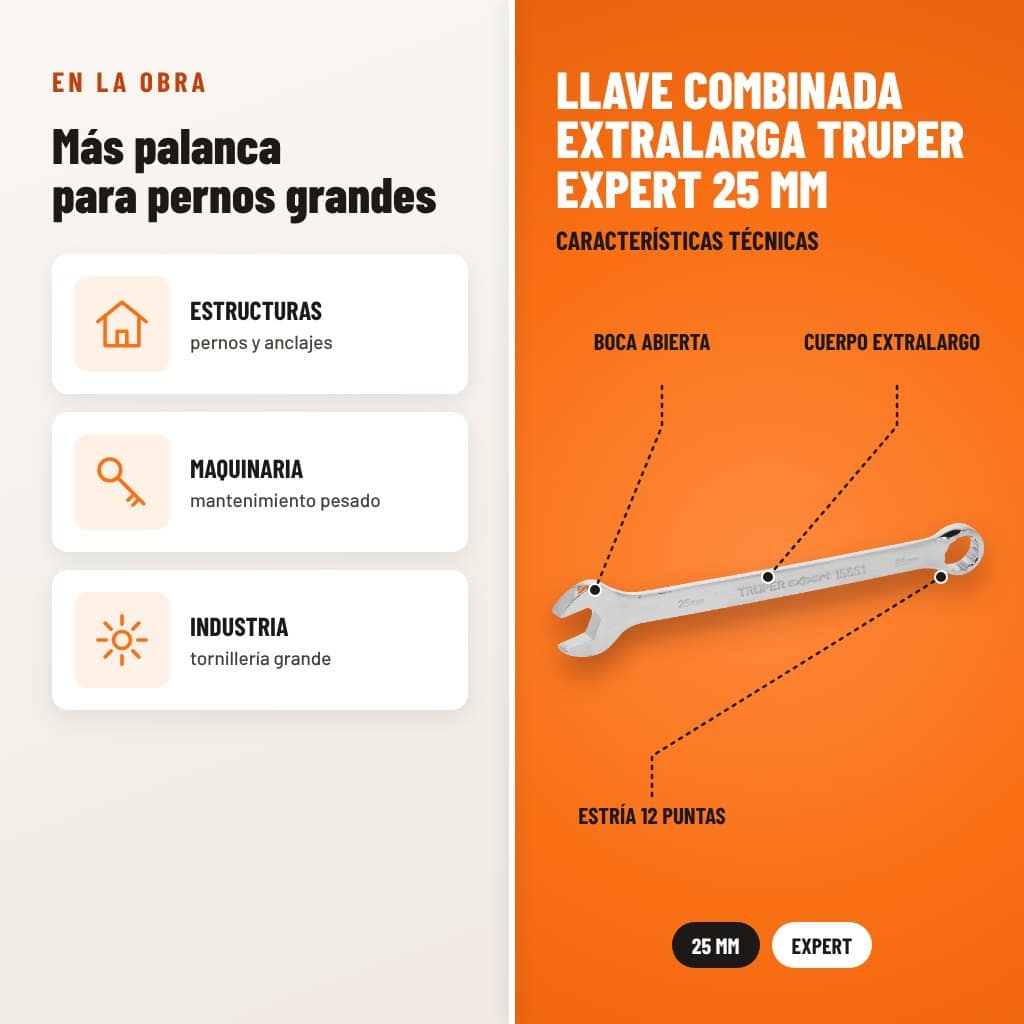 Llave Combinada Extralarga Truper Expert 25 mm: usos y características técnicas señaladas