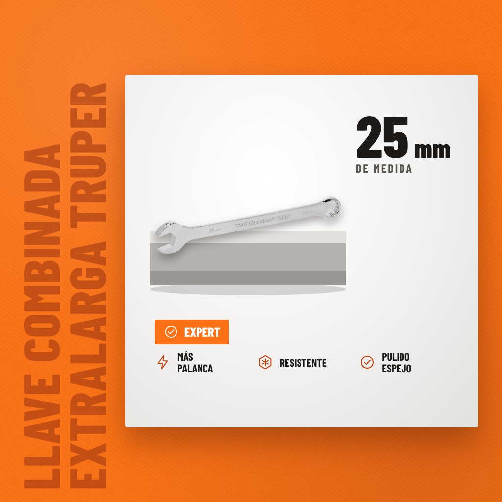 Llave Combinada Extralarga Truper Expert 25 mm sobre soporte con sus beneficios principales