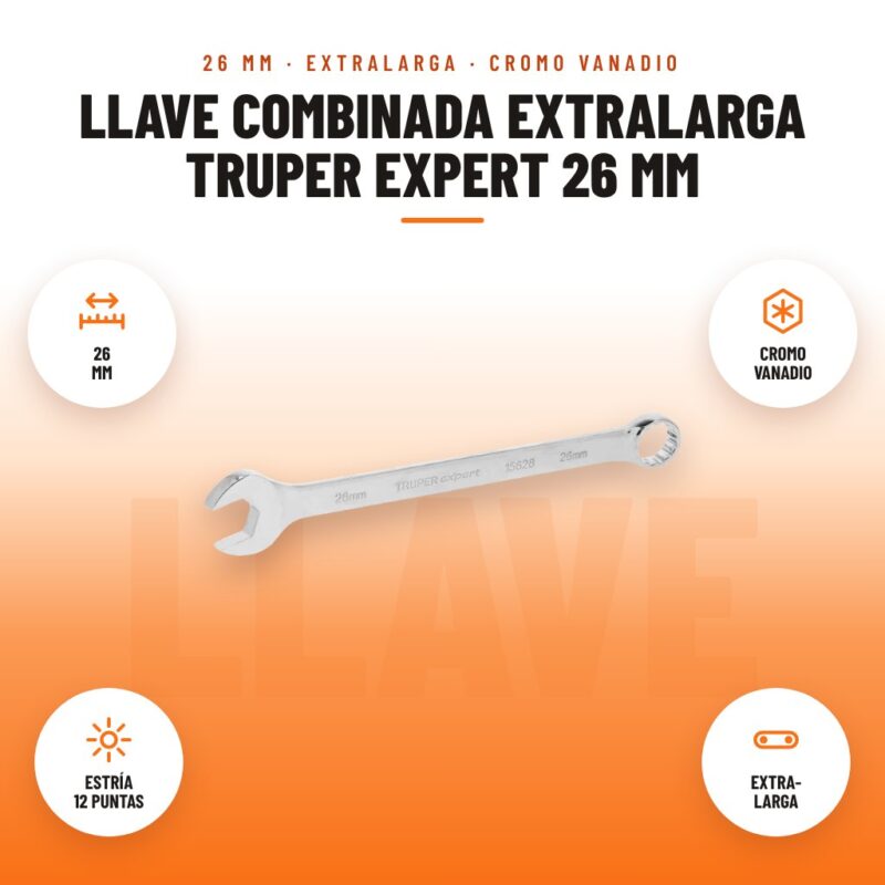 Llave Combinada Extralarga Truper Expert 26 mm: imagen promocional con 26 mm, cromo vanadio, estría 12 puntas, extra- larga