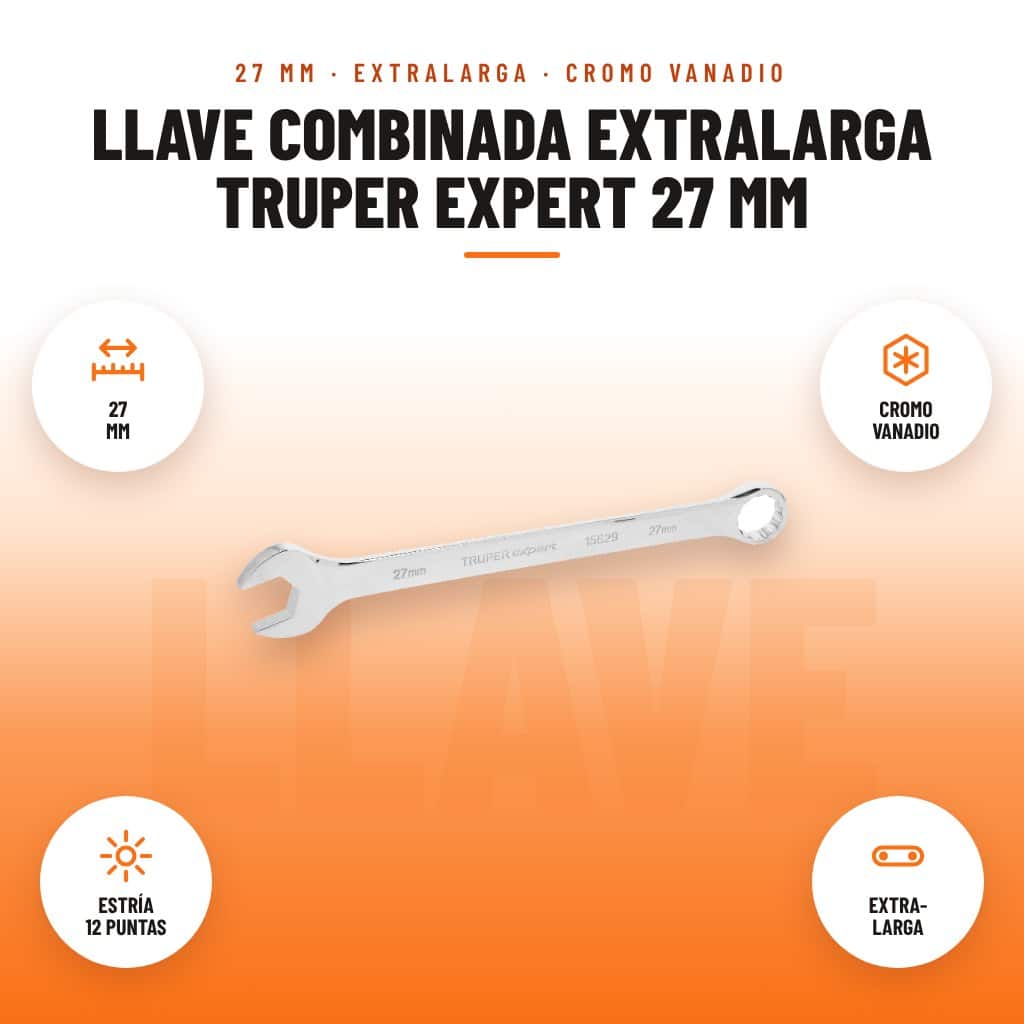 Llave Combinada Extralarga Truper Expert 27 mm: imagen promocional con 27 mm, cromo vanadio, estría 12 puntas, extra- larga