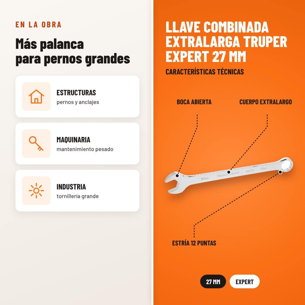 Llave Combinada Extralarga Truper Expert 27 mm: usos y características técnicas señaladas