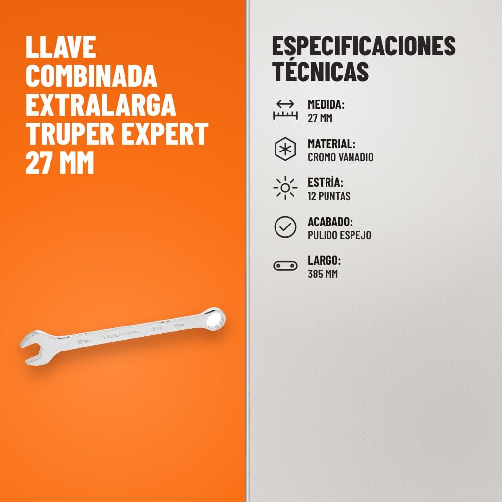 Especificaciones técnicas de Llave Combinada Extralarga Truper Expert 27 mm