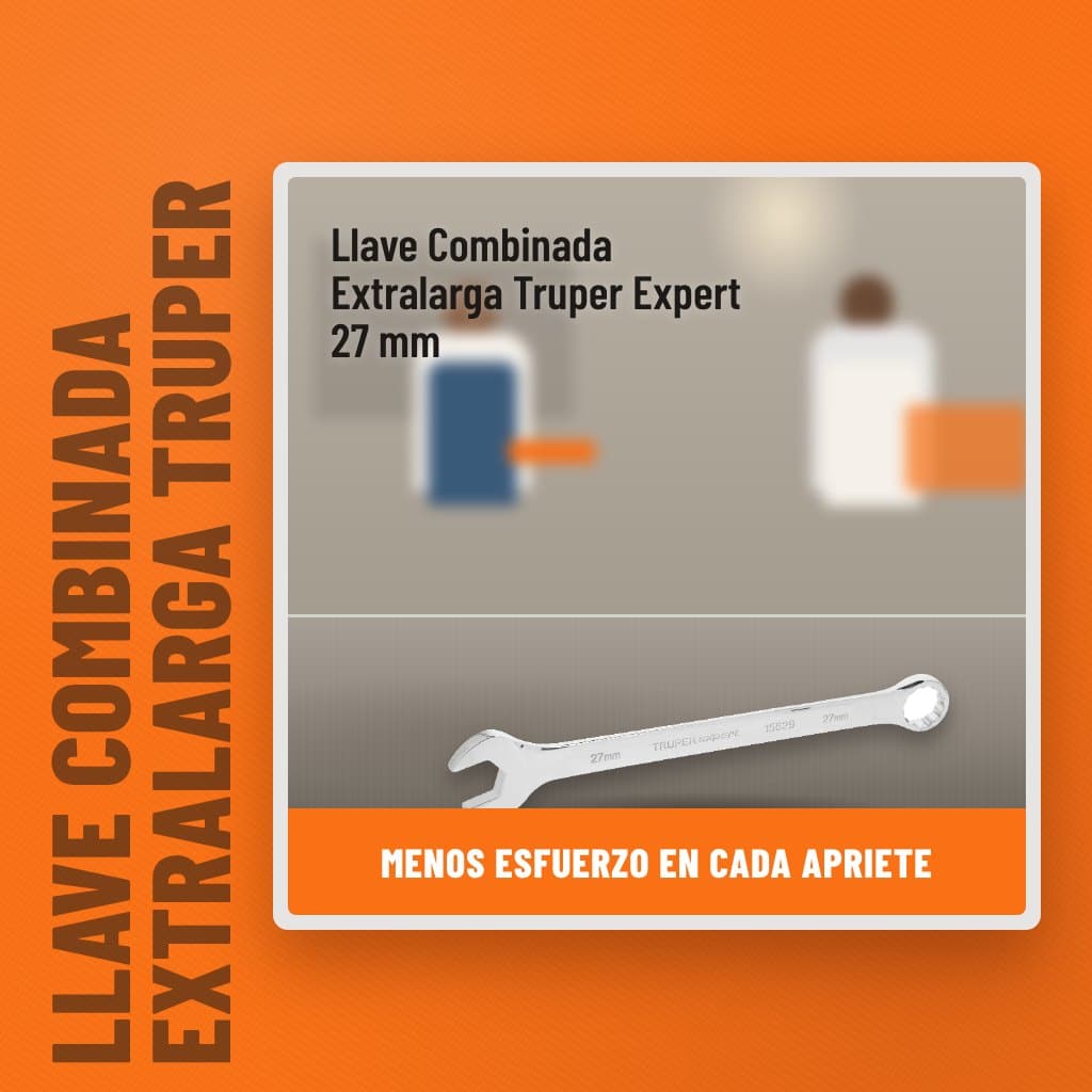 Llave Combinada Extralarga Truper Expert 27 mm en una obra con un profesional al fondo