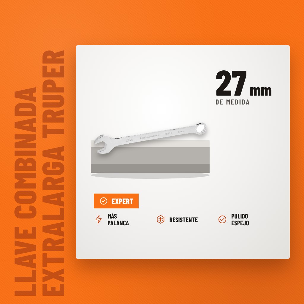 Llave Combinada Extralarga Truper Expert 27 mm sobre soporte con sus beneficios principales
