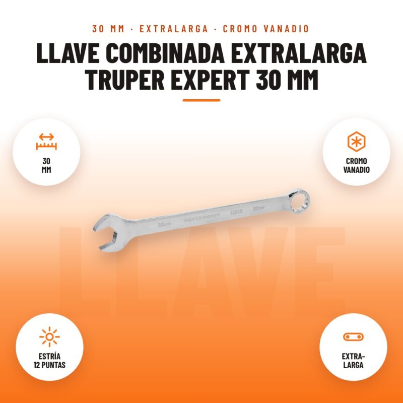 Llave Combinada Extralarga Truper Expert 30 mm: imagen promocional con 30 mm, cromo vanadio, estría 12 puntas, extra- larga