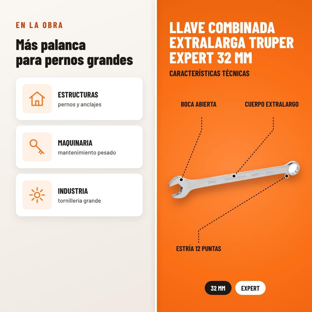 Llave Combinada Extralarga Truper Expert 32 mm: usos y características técnicas señaladas