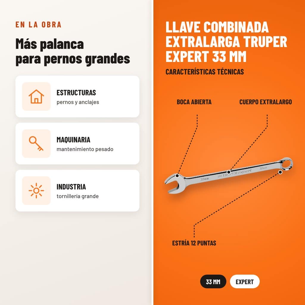 Llave Combinada Extralarga Truper Expert 33 mm: usos y características técnicas señaladas