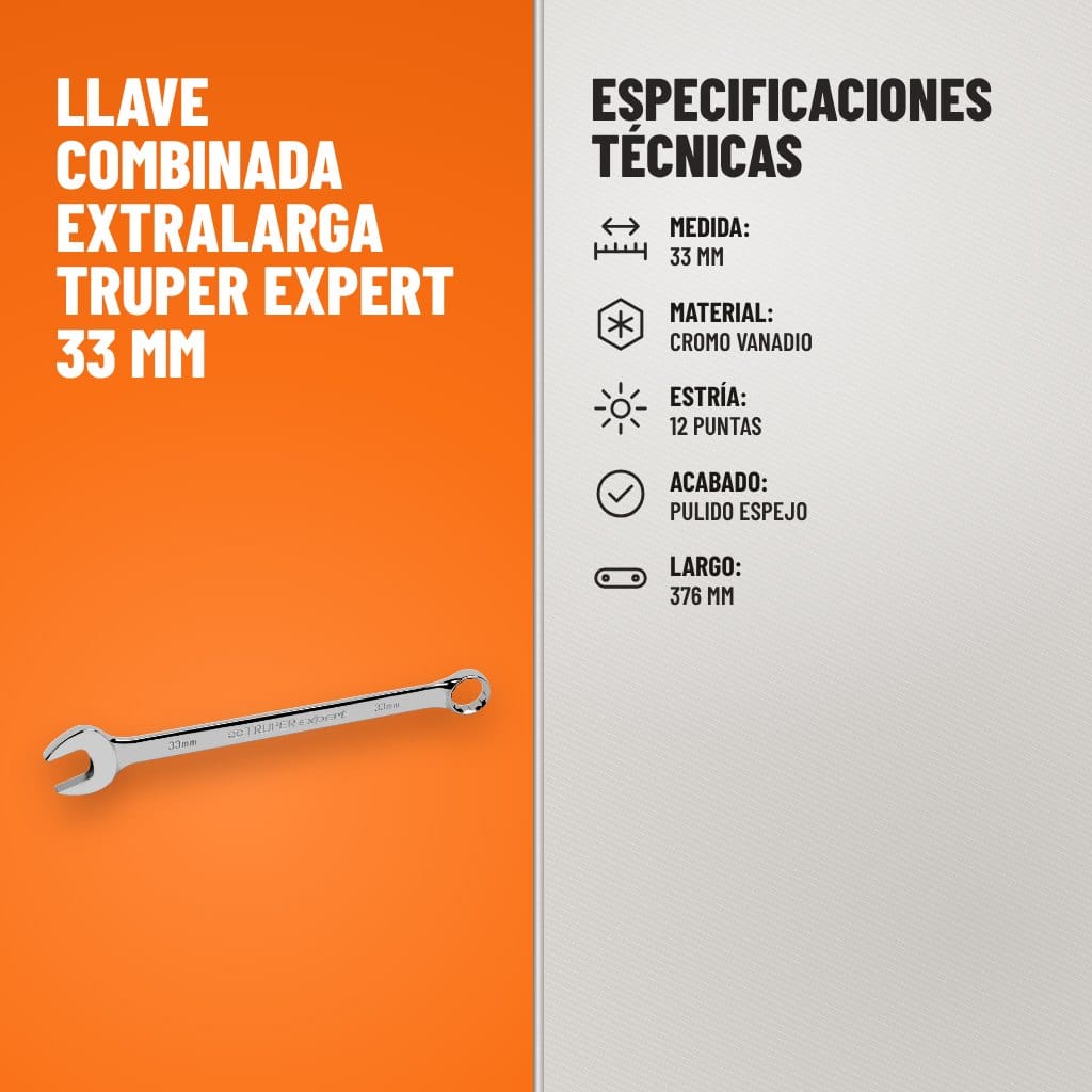 Especificaciones técnicas de Llave Combinada Extralarga Truper Expert 33 mm