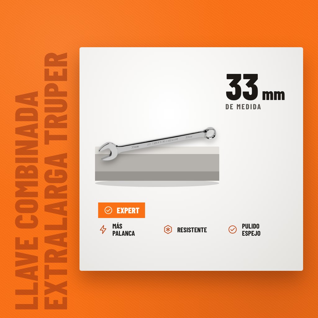 Llave Combinada Extralarga Truper Expert 33 mm sobre soporte con sus beneficios principales