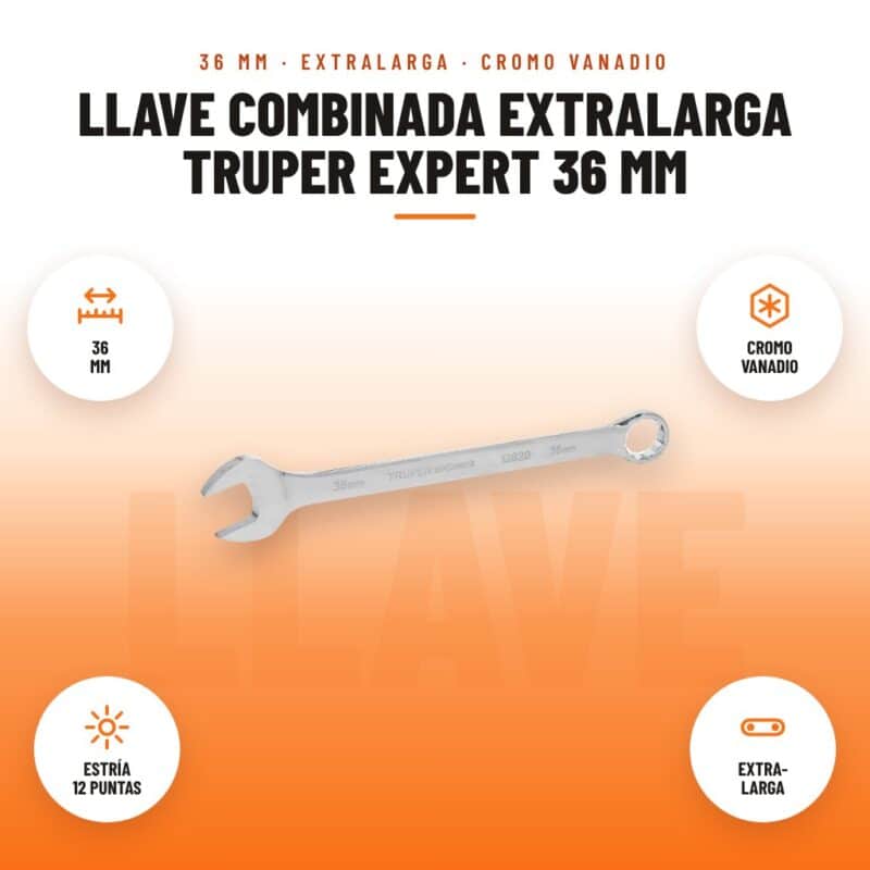 Llave Combinada Extralarga Truper Expert 36 mm: imagen promocional con 36 mm, cromo vanadio, estría 12 puntas, extra- larga