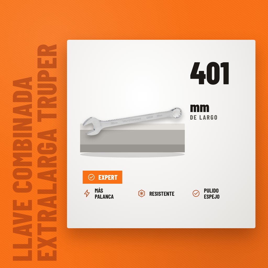 Llave Combinada Extralarga Truper Expert 36 mm sobre soporte con sus beneficios principales