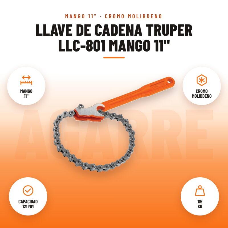 Llave de Cadena Truper LLC-801 Mango 11": imagen promocional con mango 11", cromo molibdeno, capacidad 121 mm, 115 kg