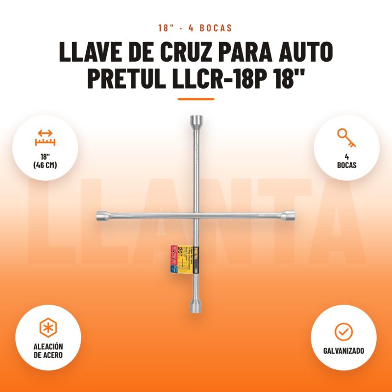 Llave de Cruz para Auto Pretul LLCR-18P 18": imagen promocional con 18" (46 cm), 4 bocas, aleación de acero, galvanizado