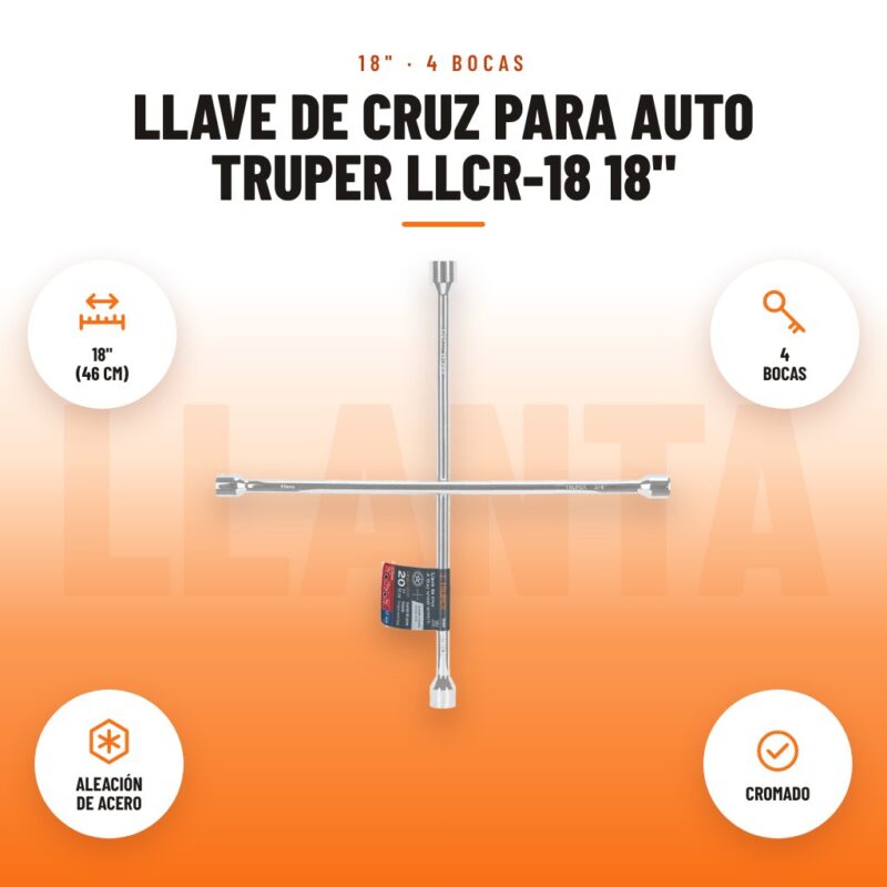 Llave de Cruz para Auto Truper LLCR-18 18": imagen promocional con 18" (46 cm), 4 bocas, aleación de acero, cromado