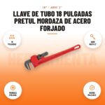 Llave de Tubo 18 Pulgadas Pretul Mordaza de Acero Forjado: imagen promocional con 18 pulgadas, abre hasta 2", mordaza forjada, hierro maleable