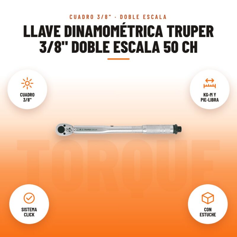 Llave Dinamométrica Truper 3/8" Doble Escala 50 Ch: imagen promocional con cuadro 3/8", kg-m y pie-libra, sistema click, con estuche