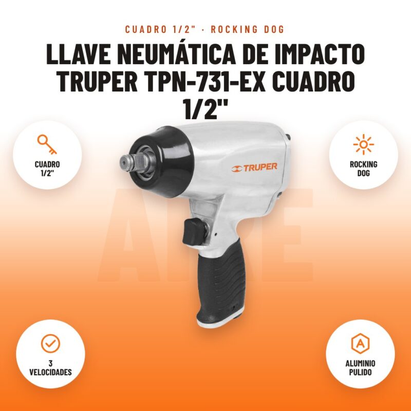 Llave Neumática de Impacto Truper TPN-731-EX Cuadro 1/2": imagen promocional con cuadro 1/2", rocking dog, 3 velocidades, aluminio pulido